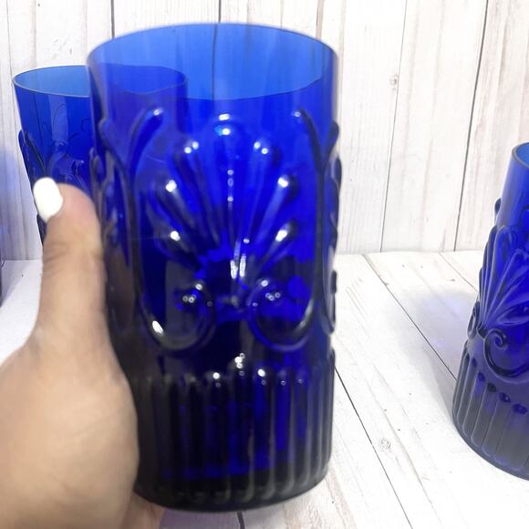 Rare Baroque Revival Cobalt Blue Pressed Glass Tumblers MCM Portuguese Style (6) - Picture 4 of 10
